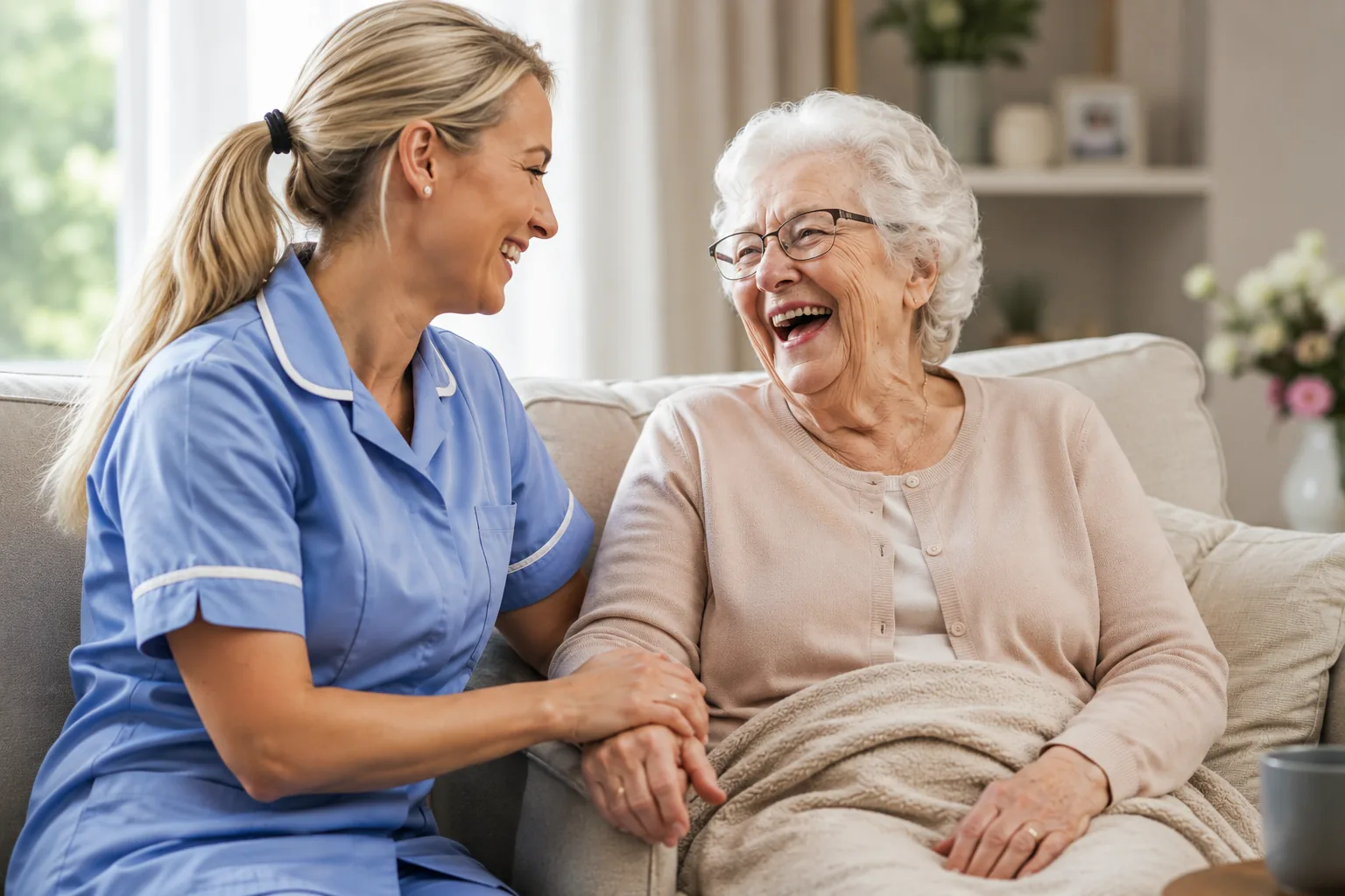 Home carer supporting an elderly woman in her own home